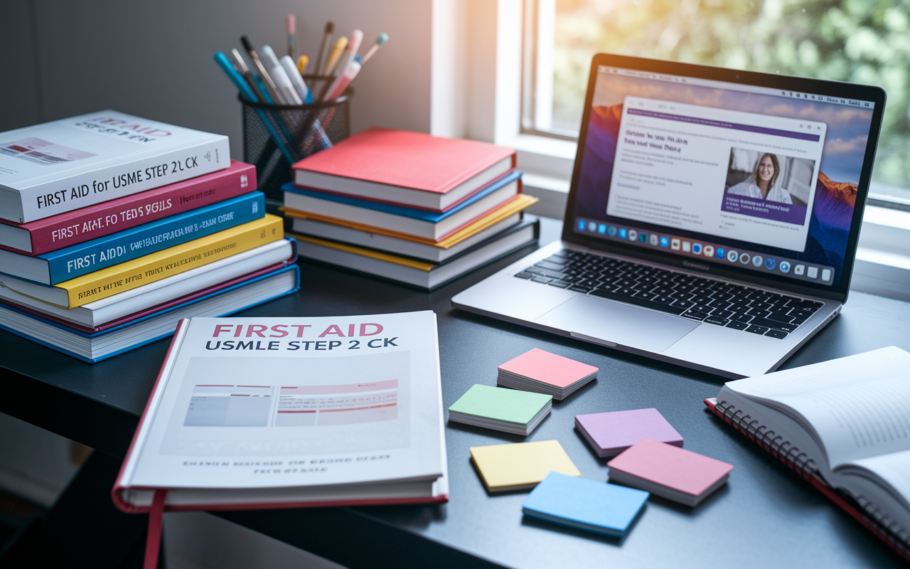 An aesthetic setup showing an organized study area with various Step 2 CK preparation materials spread out on a desk. There are stacks of textbooks like 'First Aid for the USMLE Step 2 CK', a laptop displaying online courses, and colorful flashcards scattered around. The natural light from a nearby window adds warmth and positivity to the scene, encouraging a productive study environment.