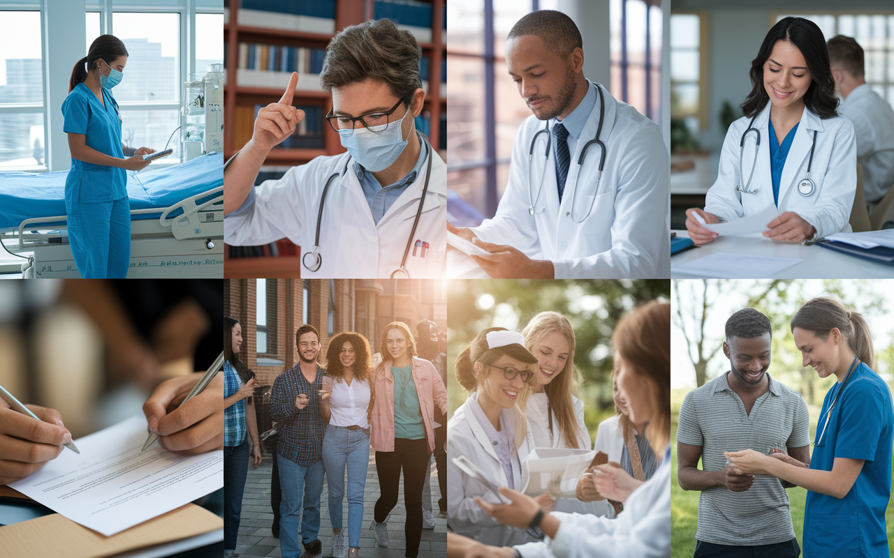 A collage of images depicting various aspects of a medical student’s application: a clinical rotation in a hospital, a research project presentation, a student receiving a letter of recommendation from a mentor, and a group of students engaged in community service. Each image has a warm, soft focus lighting effect, tying the pieces together to illustrate the holistic approach programs use in evaluating applicants.