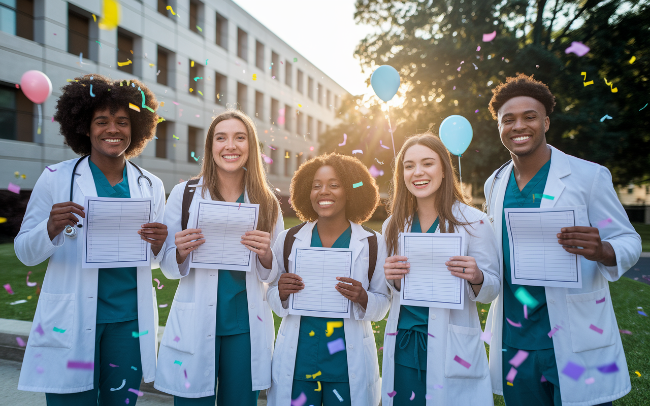 A group of five diverse medical students celebrating outside a medical school building after receiving their Step 2 CK results, with expressions of joy and relief. Balloons and confetti add to the festive atmosphere as the sun sets, casting a golden glow over the scene. The students display their score reports, highlighting their accomplishments and shared success in their medical journeys.