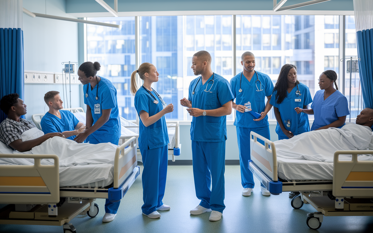 A diverse group of medical residents in scrubs in a hospital ward interacting with patients and medical staff. The scene captures the clinical environment with patients in beds, nurses tending to them, and residents discussing medical cases in a collaborative manner. Bright, natural lighting filtering through large windows, conveying a sense of teamwork and commitment to patient care.