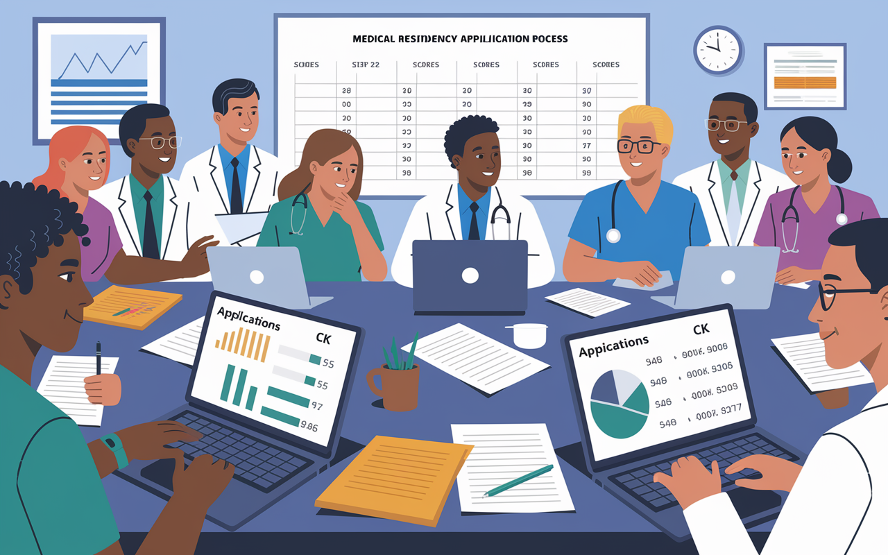 A vibrant scene illustrating a medical residency application process. A diverse group of medical students gathers around a large table, discussing applications. Laptops are open with graphs and Step 2 CK scores displayed. A whiteboard in the background shows a competitive chart of scores versus specialties. The atmosphere is collaborative, filled with determination and hope for future residencies.