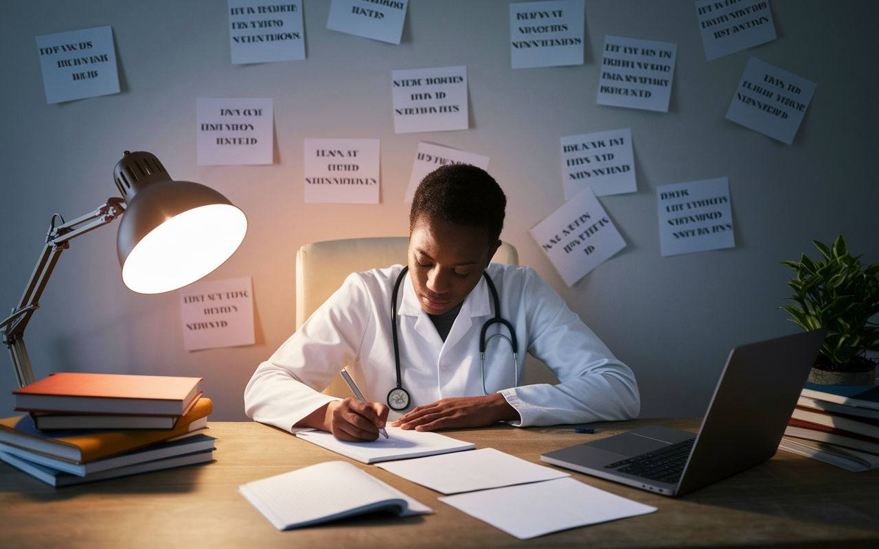 An inspiring scene of a medical student sitting at their desk, writing a personal statement for residency applications. The workspace is decorated with motivational quotes and textbooks. The student has a focused expression, surrounded by drafts and a laptop open with a glowing screen. A warm light shines down, creating an atmosphere of creativity and aspiration.