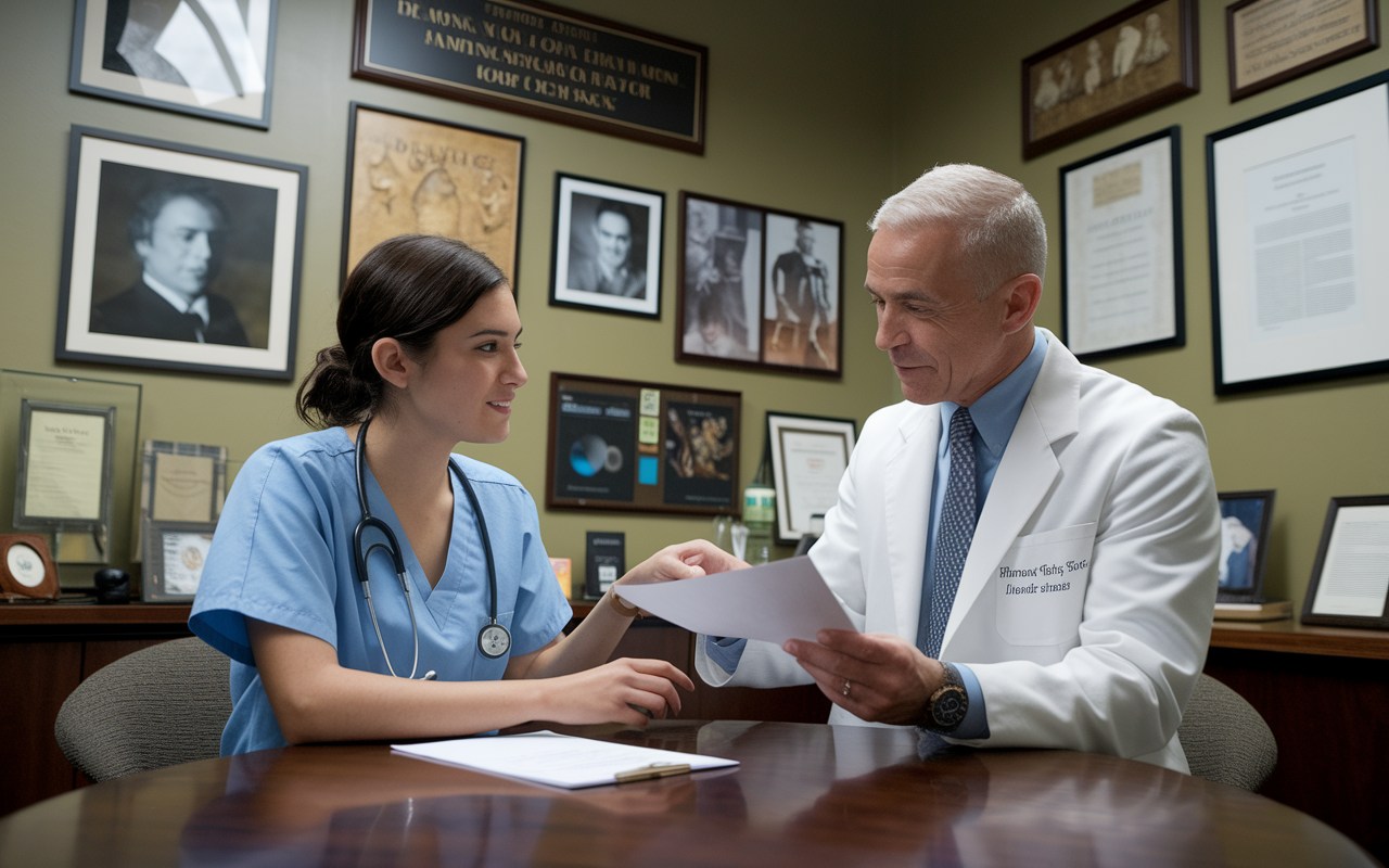 An introspective scene where a medical student is meeting with a professor in a cozy faculty office. The walls are adorned with medical achievements and research. The professor is handing the student a letter of recommendation and discussing the strengths that the student should highlight in their application. The ambiance conveys mentorship and support, with an air of professionalism.