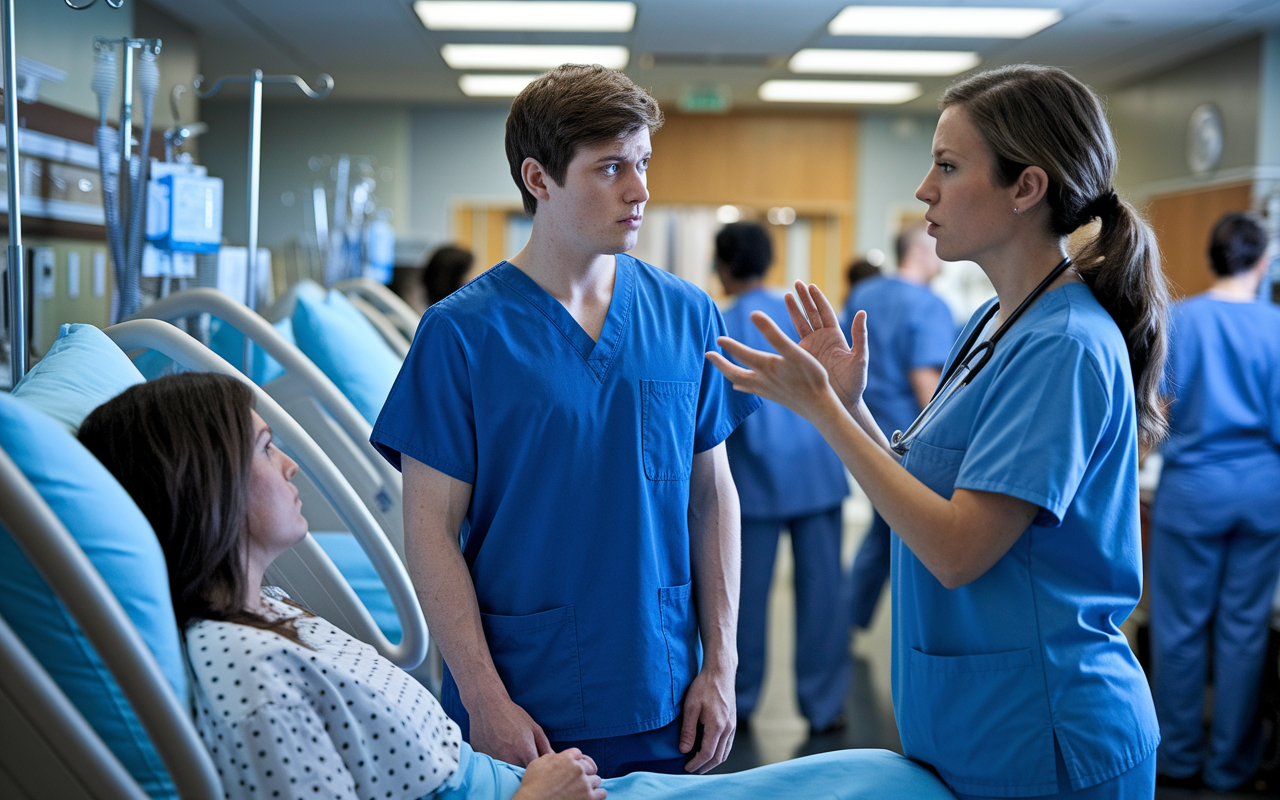 An anxious young IMG in scrubs standing beside a hospital patient, looking bewildered as a nurse explains something using slang. The scene captures the tension of communication breakdown, with soft lighting to emphasize the stress of the moment. The background includes a busy hospital room, filled with medical equipment and staff members to enhance the realism of the setting.