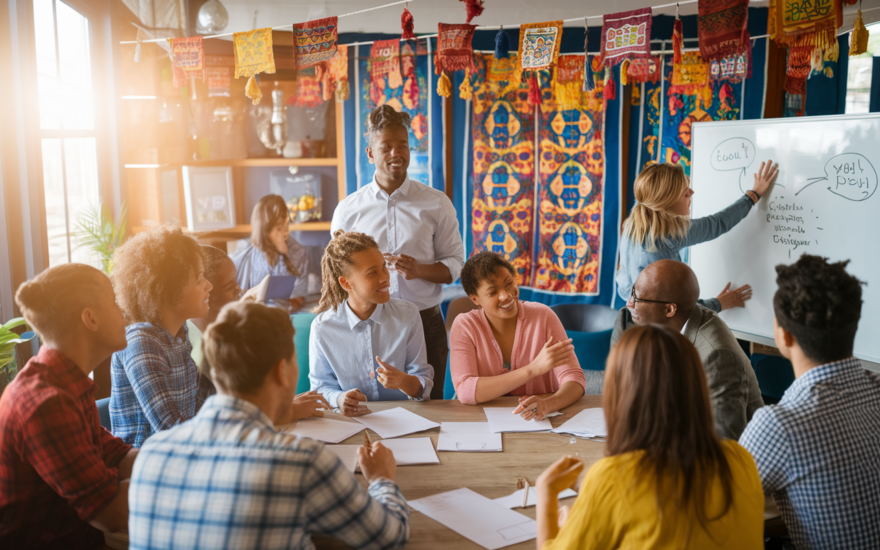 An image depicting a group of IMGs participating in a cultural competency workshop. The setting shows an engaging classroom with cultural artifacts, diverse students actively discussing, and an instructor illustrating key points on a whiteboard. Rich, colorful decorations representing various cultures adorn the room, while sunlight filters through the windows, creating a warm atmosphere of learning and mutual respect.