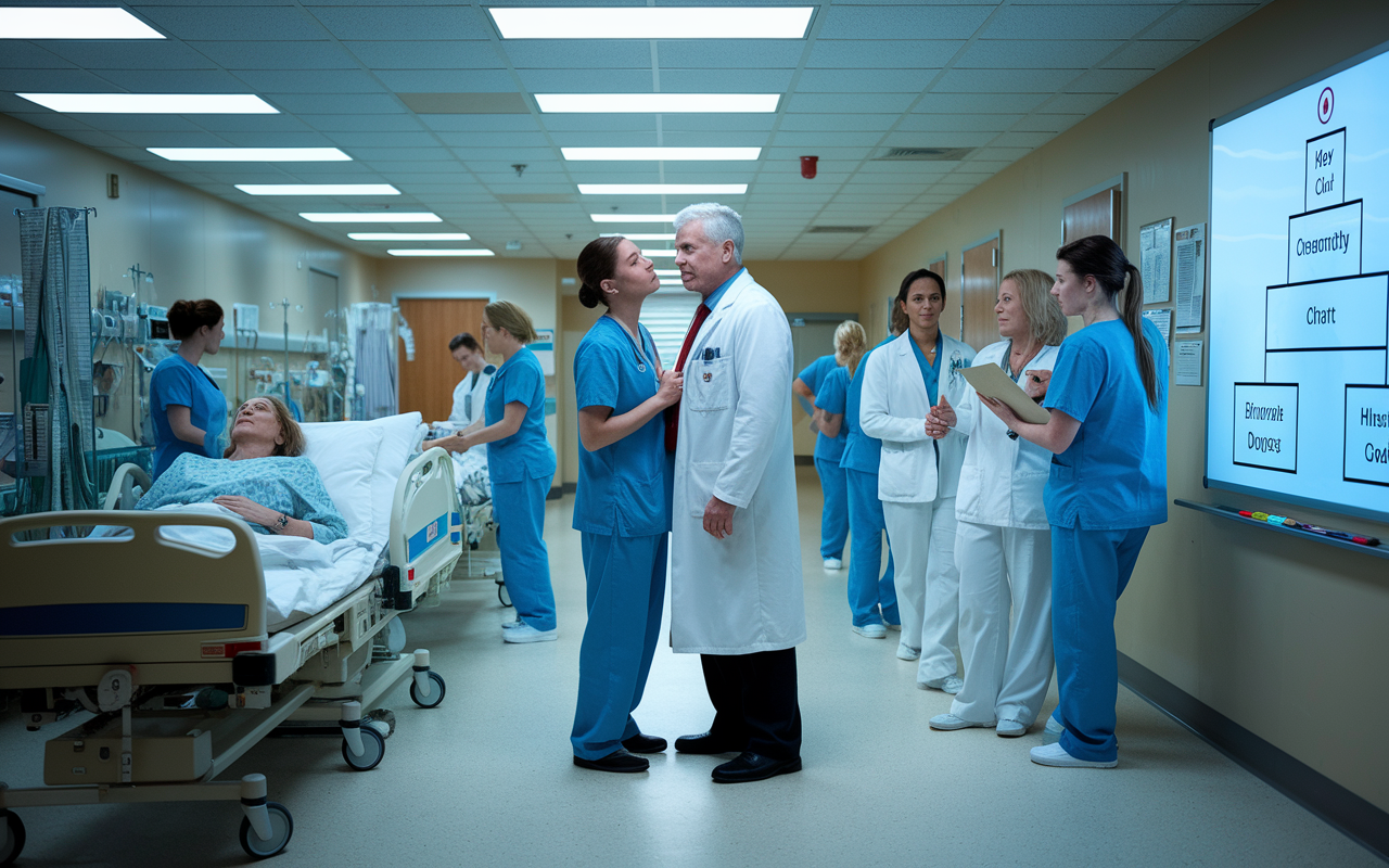 A scene in a busy hospital ward showing an IMG nervously standing beside a senior doctor, wanting to ask a question but hesitating. The background includes busy nurses attending to patients, medical charts, and a whiteboard with a hierarchy diagram highlighting the complexities of communication in a medical setting. The lighting reflects a contrast between the bright corridor and the more subdued doctor's office, enhancing the emotional weight of the moment.