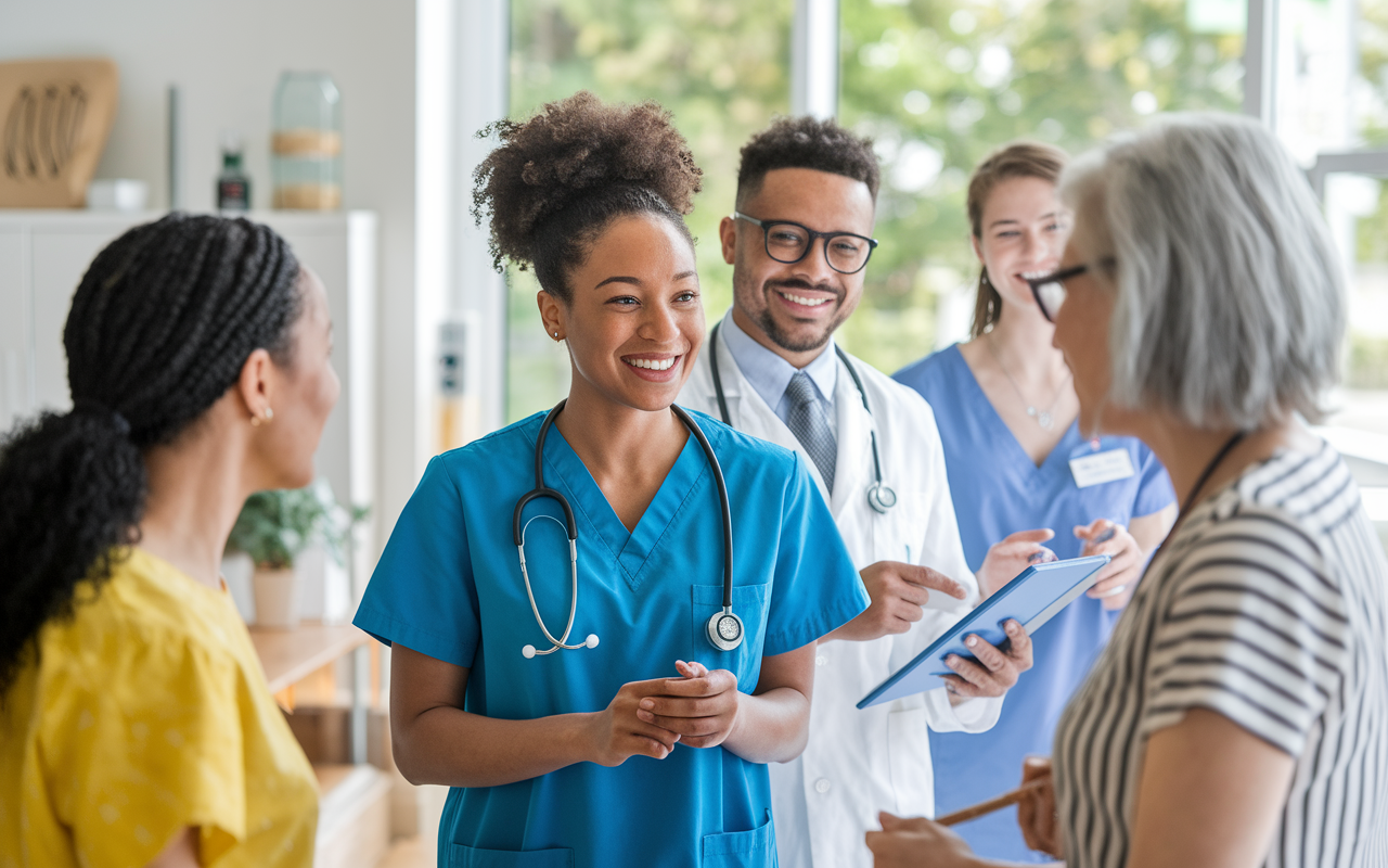 A vibrant scene of IMGs participating in a summer internship at a local clinic. IMGs are shown engaging with patients in a warm, community-based environment, exchanging smiles and offering reassurance to patients. The clinic is bright and welcoming, highlighting teamwork and collaboration among medical staff, enhancing the sense of community.