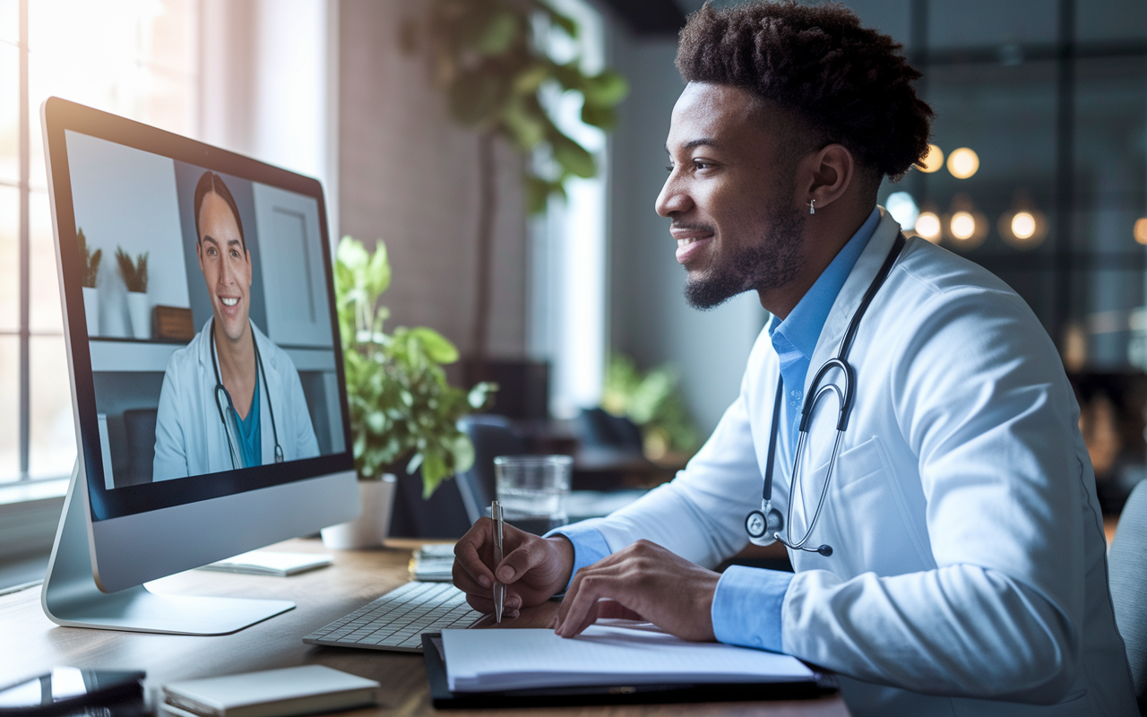 An IMG facilitating a telemedicine consultation, interacting with a patient via a video call. The setting shows a modern office environment with the IMG looking confident and engaged while taking notes. The computer screen displays the patient, illustrating the integration of technology in overcoming communication barriers, with soft natural lighting enhancing the scene.