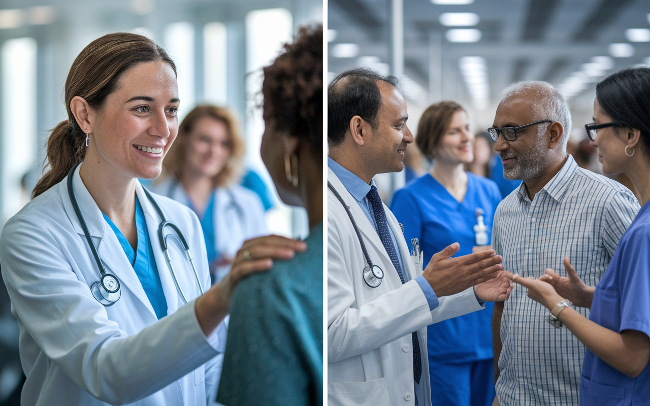 A split image showcasing two paths: on one side, Dr. Emma helping a patient with warmth and empathy, and on the other, Dr. Anil discussing local health policies with colleagues. Each doctor is engaging with their respective patient and peers with confidence, amidst a busy hospital backdrop filled with healthcare professionals and vibrant activity, symbolizing triumph over communication barriers.