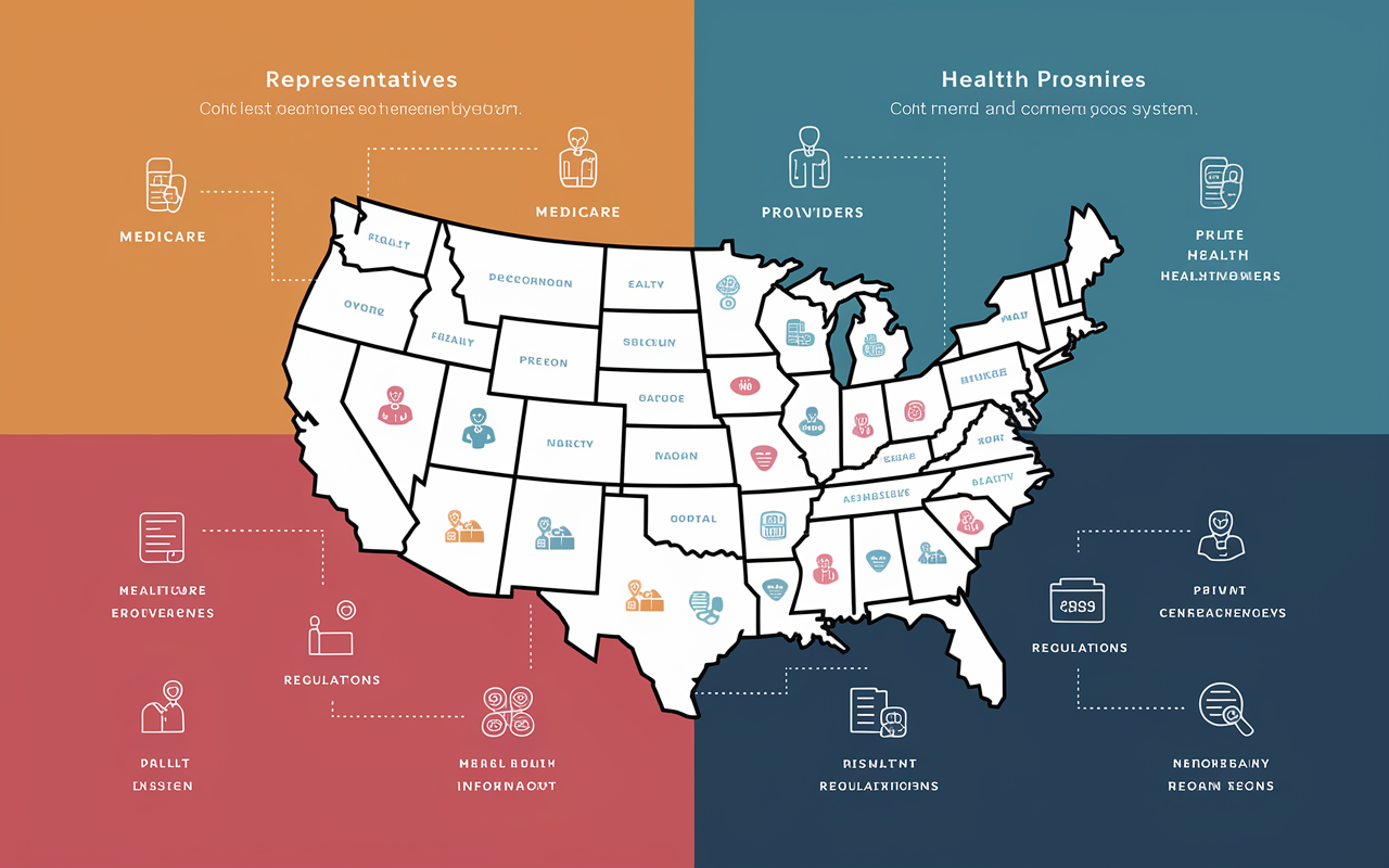 An illustrated infographic showcasing the key components of the US healthcare system, including representatives for Medicare and Medicaid programs, private health insurers, and regulatory bodies. A split layout with distinct sections for each component, color-coded for clarity, with small icons symbolizing healthcare providers, regulations, and patient-centered care under a bright and informative design.