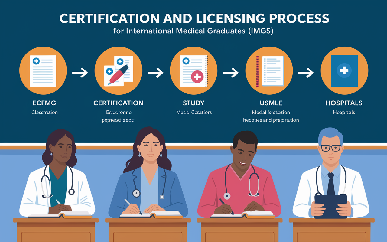 An educational illustration depicting the certification and licensing process for International Medical Graduates (IMGs). A flowchart-style graphic showing steps for ECFMG certification and USMLE exams, with icons representing tests, study materials, and hospitals. The backdrop is a classroom or study environment, symbolizing learning and preparation.