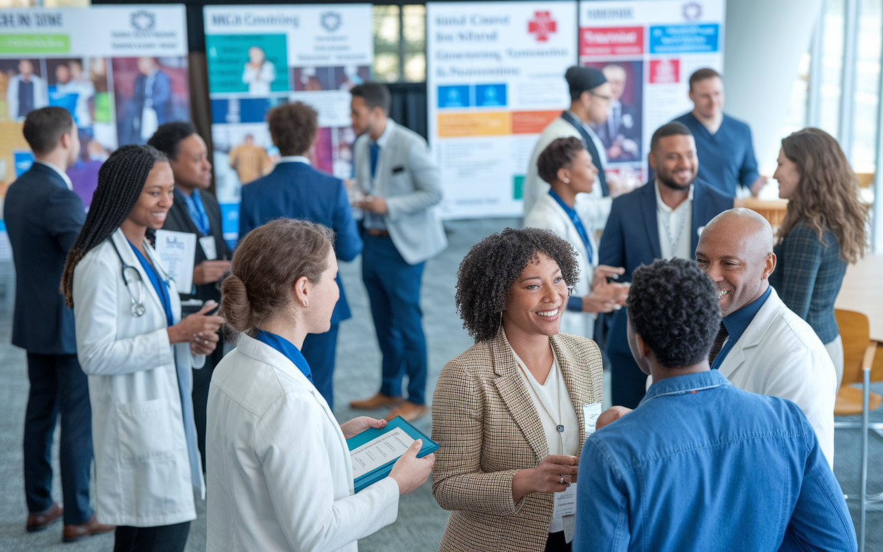 A captivating scene of an IMG networking event, with diverse groups of medical professionals engaging in conversation. A brightly lit conference room filled with posters and resources about IMG opportunities. People of various backgrounds exchanging contact information and experiences, embodying support and collaboration in their medical careers.