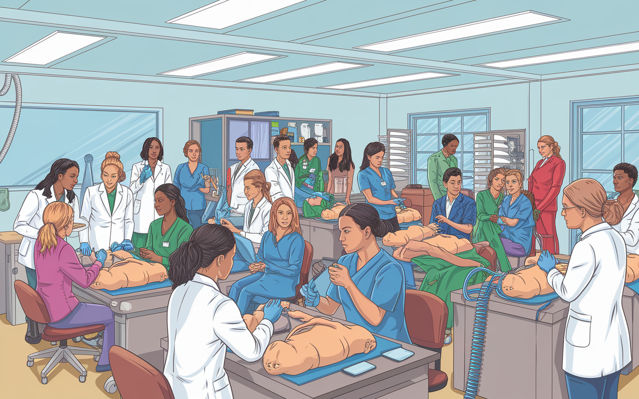 A detailed illustration of a hands-on clinical skills workshop for IMGs, showcasing participants practicing procedures on medical mannequins. A well-lit training room filled with medical equipment, instructors guiding students, and a diverse group of IMGs from various cultural backgrounds. The atmosphere is energetic and focused, emphasizing skill development and teamwork.