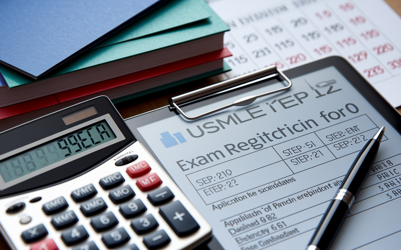 A close-up shot of a computer screen displaying exam registration for the USMLE Step 1 and Step 2. Beside the screen is a calculator showing calculations of fees ($965 each) and a stack of preparation materials, both physical and digital. In the background, there's a calendar with application deadlines marked in red, imparting a sense of urgency and pressure for IMG candidates to succeed. The lighting is sharp, emphasizing the seriousness and focus required for these important examinations.