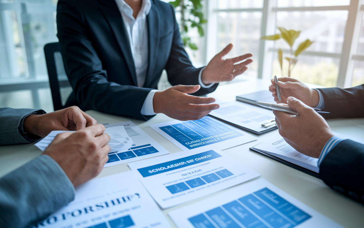 The scene shows an IMG in a professional work environment, engaging with their employer in a meeting. Various papers are spread across the table with details about scholarship and reimbursement programs for medical tuition. The office is well-lit and modern, conveying a sense of support and corporate responsibility. The IMG displays a confident and hopeful demeanor, indicating the potential for sponsorship from the employer.