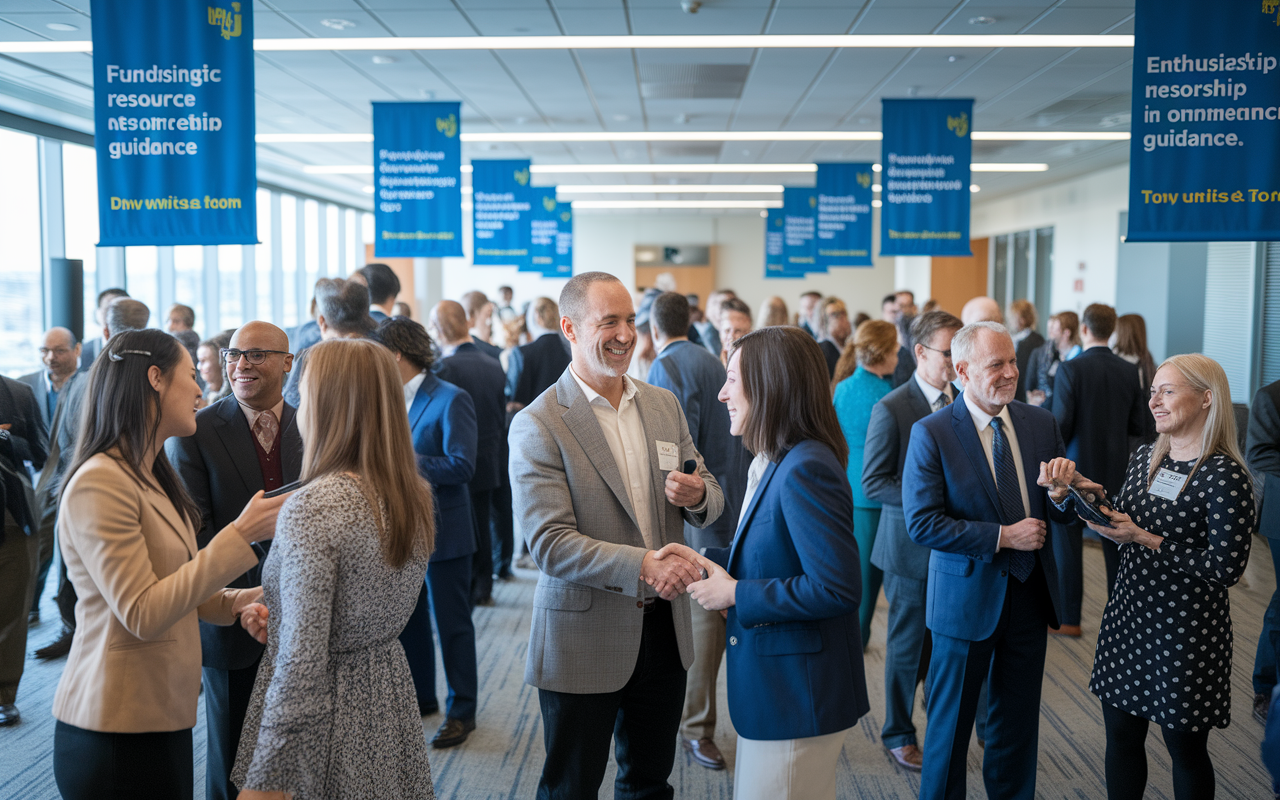 A lively networking event showing diverse IMGs interacting with established professionals and alumni in a well-designed conference room. Banners showcasing funding resources and scholarship opportunities hang in the background. The atmosphere is dynamic, filled with enthusiastic conversations, handshakes, and smiles, emphasizing the importance of mentorship and connections in obtaining financial guidance.