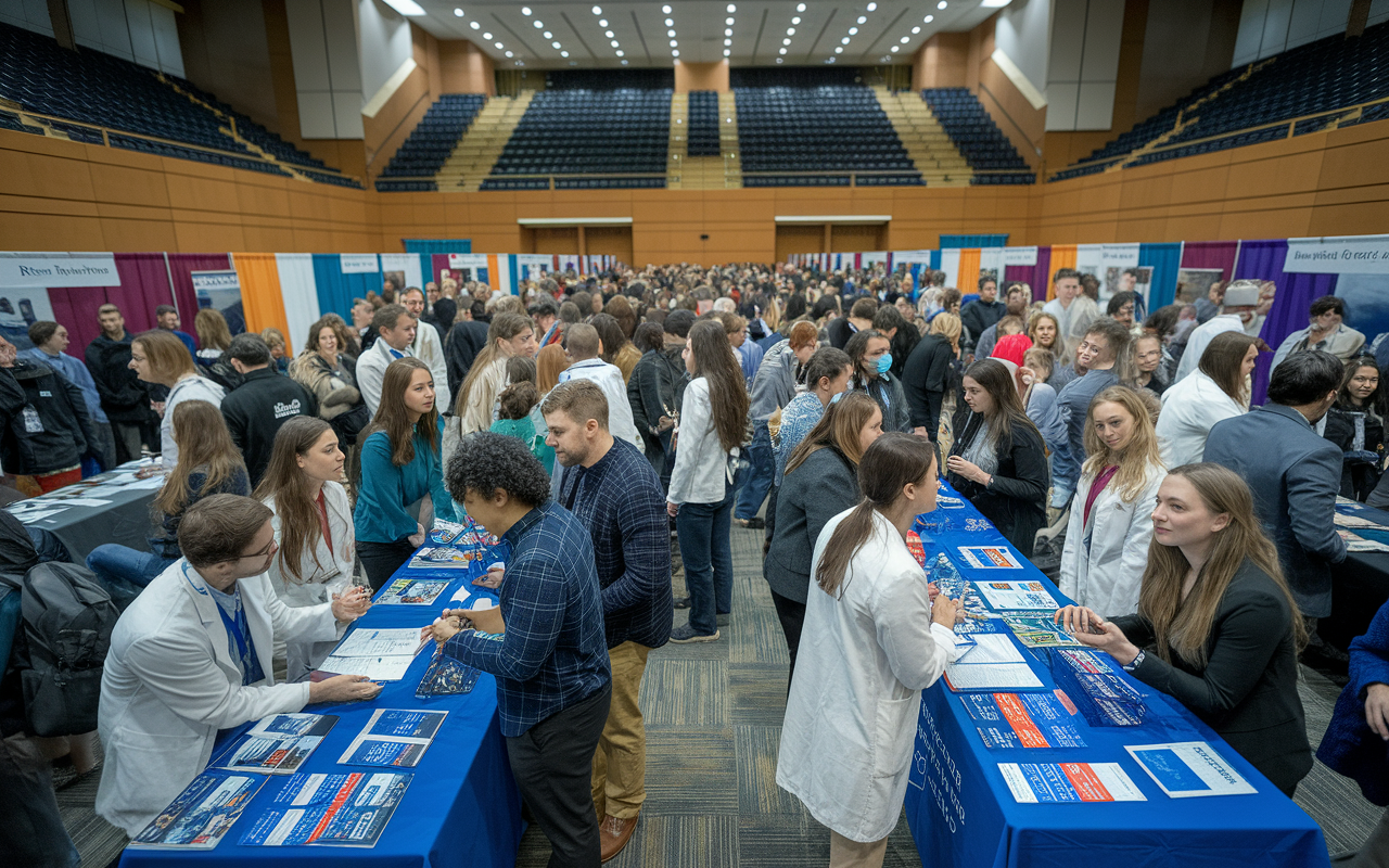 A bustling residency fair in a university auditorium filled with aspiring medical graduates and recruiters from various residency programs. Stalls adorned with colorful banners and informational brochures, with candidates discussing residency openings passionately. The atmosphere is energetic, with bright lighting and a sense of urgency, capturing the essence of hope and ambition among the aspiring doctors.