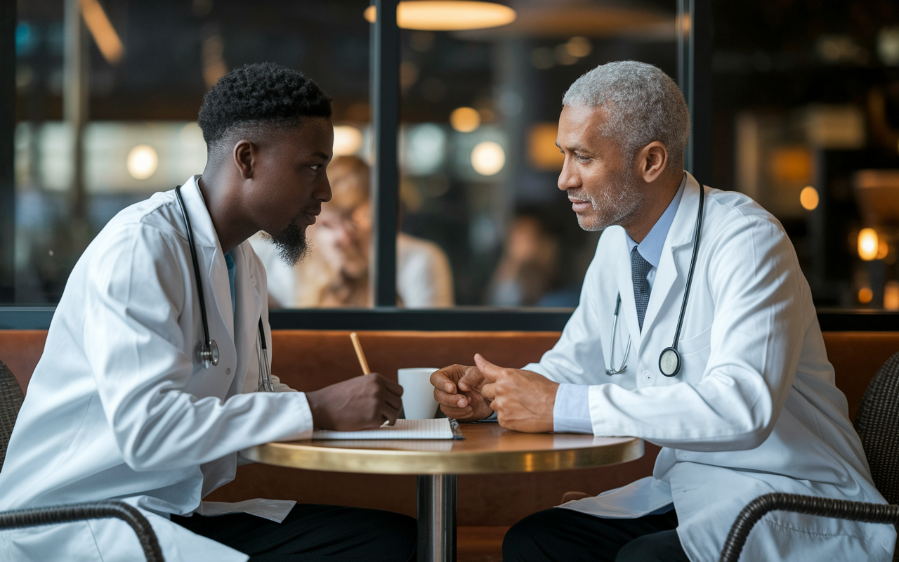 An international medical graduate engaging in a focused informational interview with a seasoned physician in a coffee shop setting. The two are sitting at a small table, with the graduate eagerly taking notes while the physician shares valuable insights. The warm, inviting ambiance of the coffee shop adds an intimate element to their conversation, showcasing a moment of mentorship and guidance.