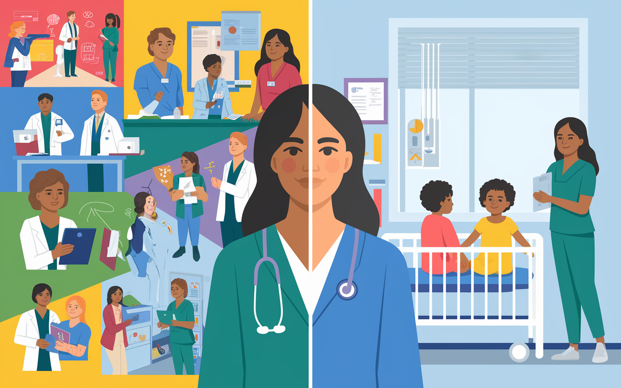 A visual representation of Maria's transformation from a recent graduate to a successful pediatrician in the U.S., depicted in a split-screen format. One half shows her networking at events, engaging with mentors, and participating in community service; the other half shows her confidently working in a pediatric hospital, attending to children with compassion. Bright, uplifting colors symbolize her journey, embodying hope and achievement in the medical field.