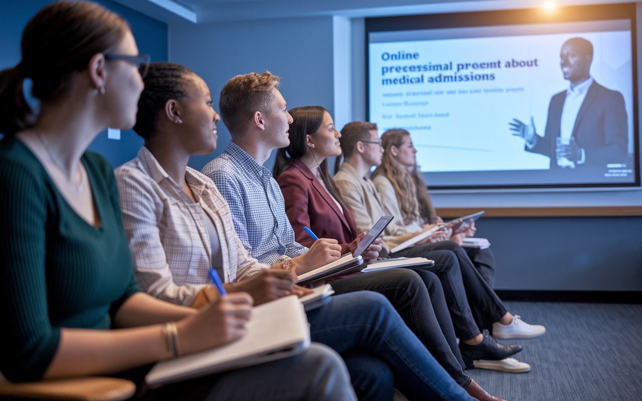 A group of engaged pre-med students sitting in a well-lit seminar room, attentively absorbed in an online webinar about medical school admissions. The screen in front displays a professional presenter discussing important topics. The students hold notepads and laptops, with expressions of curiosity and interest. The ambiance is professional yet welcoming, with the glow of the projector creating an inviting atmosphere for learning.