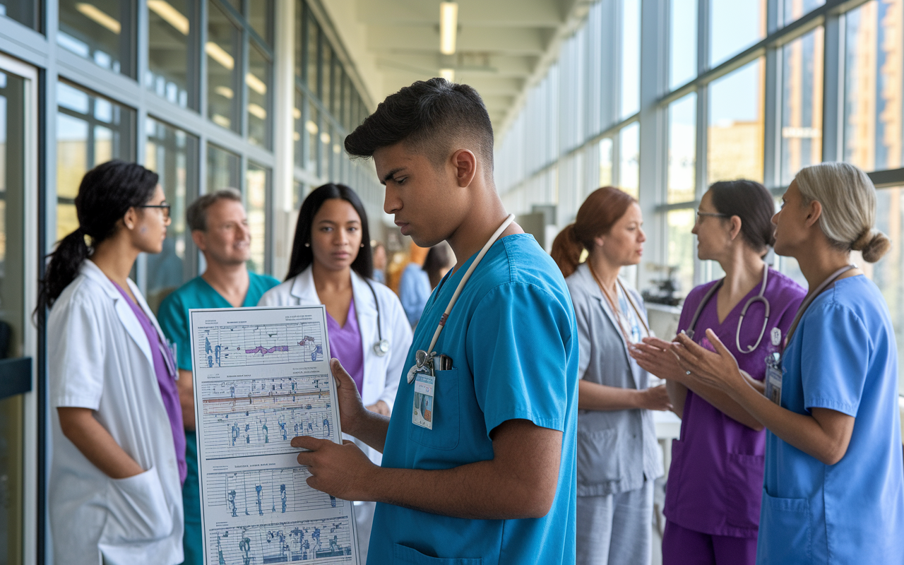 A scene depicting a young IMG from India, in scrubs, standing in a busy hospital corridor, looking at a complex medical chart with a concerned expression. Nearby, a team of diverse healthcare professionals engages in conversation, showcasing a mix of cultures and communication styles. The atmosphere is bustling but warm, with light streaming through large windows, highlighting the challenges and connections that come with cultural adaptation.