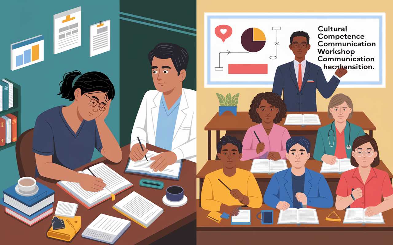 A split scene illustrating various cultural adaptation challenges faced by IMGs. On one side, a concerned IMG practicing medical English with a tutor, surrounded by medical books and notes; on the other side, a group of IMGs attending a cultural competence workshop in a bright classroom, with a diverse instructor demonstrating effective communication techniques. The contrasting emotions capture the struggles and support IMGs encounter during their transition.