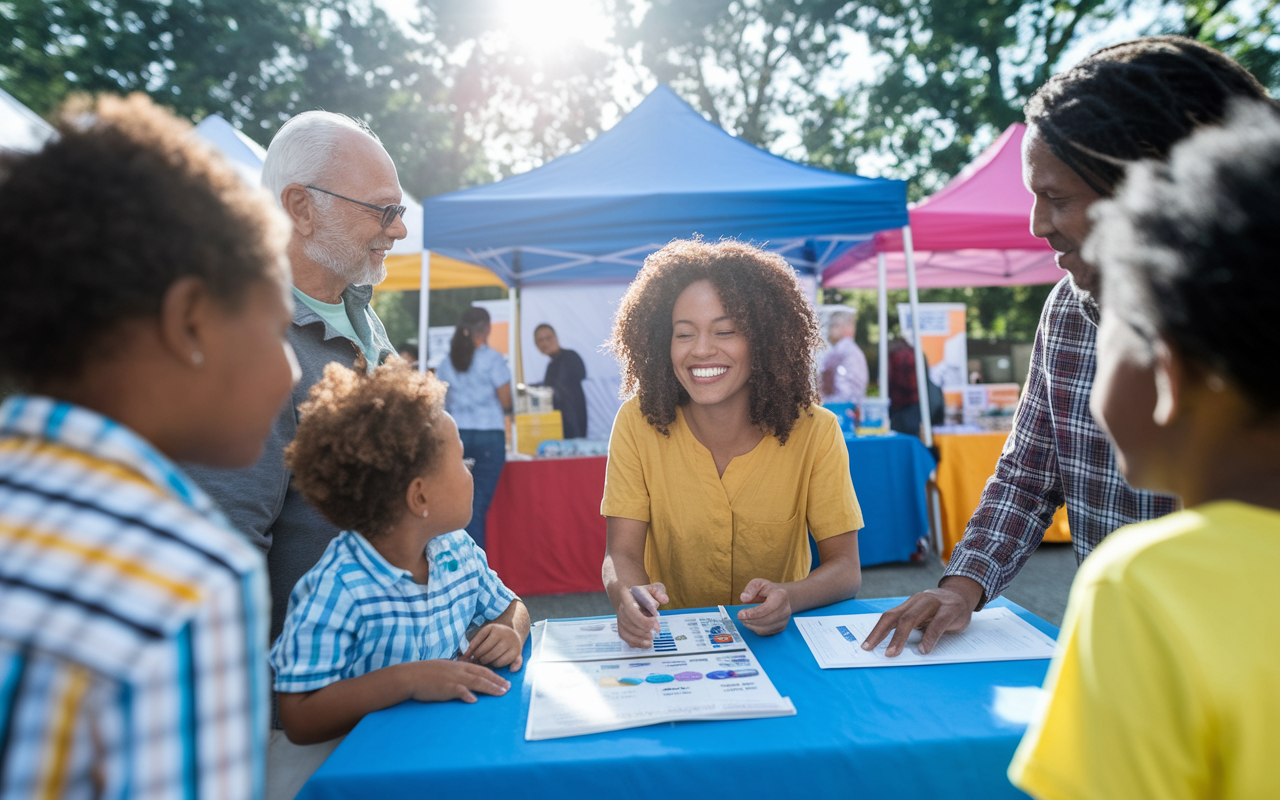 An IMG participating in a community health initiative, interacting with local families at a health fair. Colorful booths are set up around, showcasing health information, and the IMG is smiling while explaining health services to a multicultural group of attendees. The sun is shining bright, creating an inviting and friendly atmosphere, reinforcing the idea of connection and support within the community.