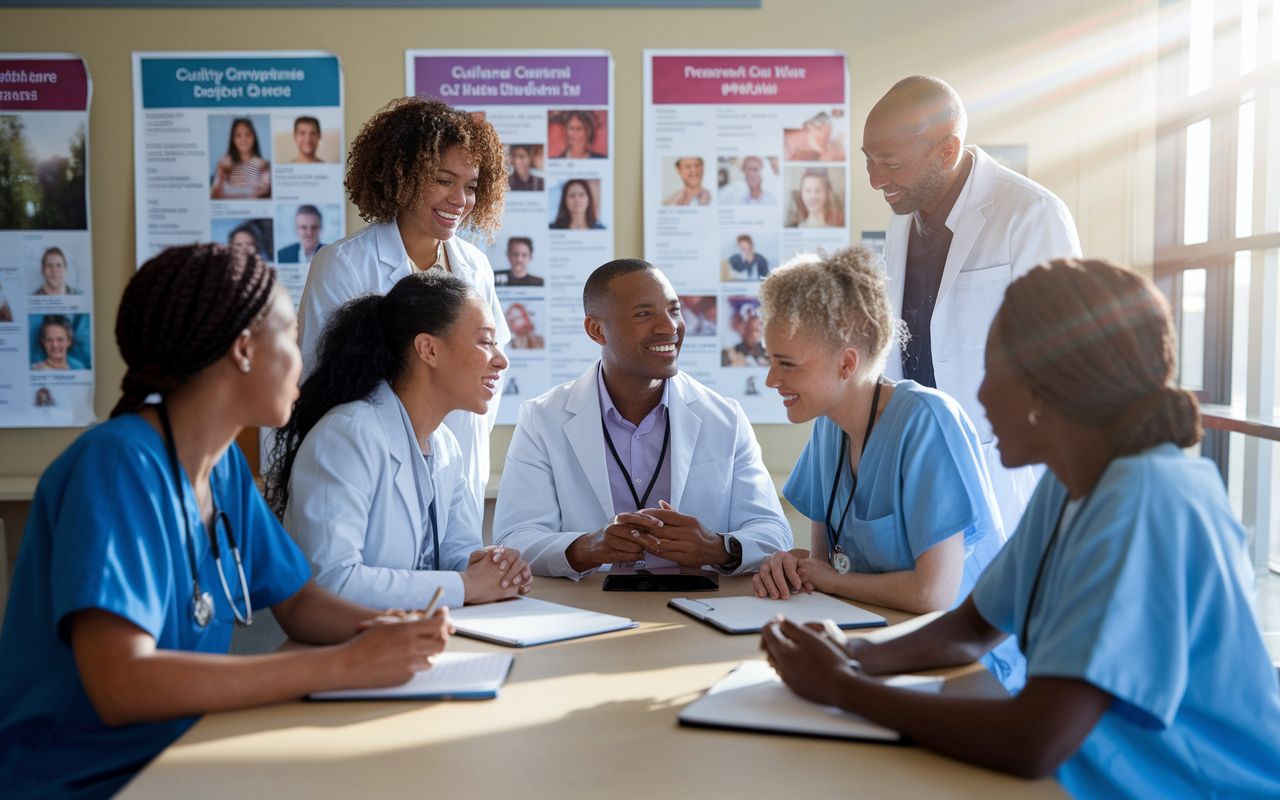 A heartwarming scene of a diverse group of IMGs gathered around a table in a hospital setting during a team meeting, sharing experiences and ideas on integrating cultural competencies into patient care. Their expressions are determined and engaged, symbolizing unity and progress. The room is filled with posters depicting various cultures and healthcare practices, and sunlight beams through the windows, creating a vibrant and hopeful atmosphere.