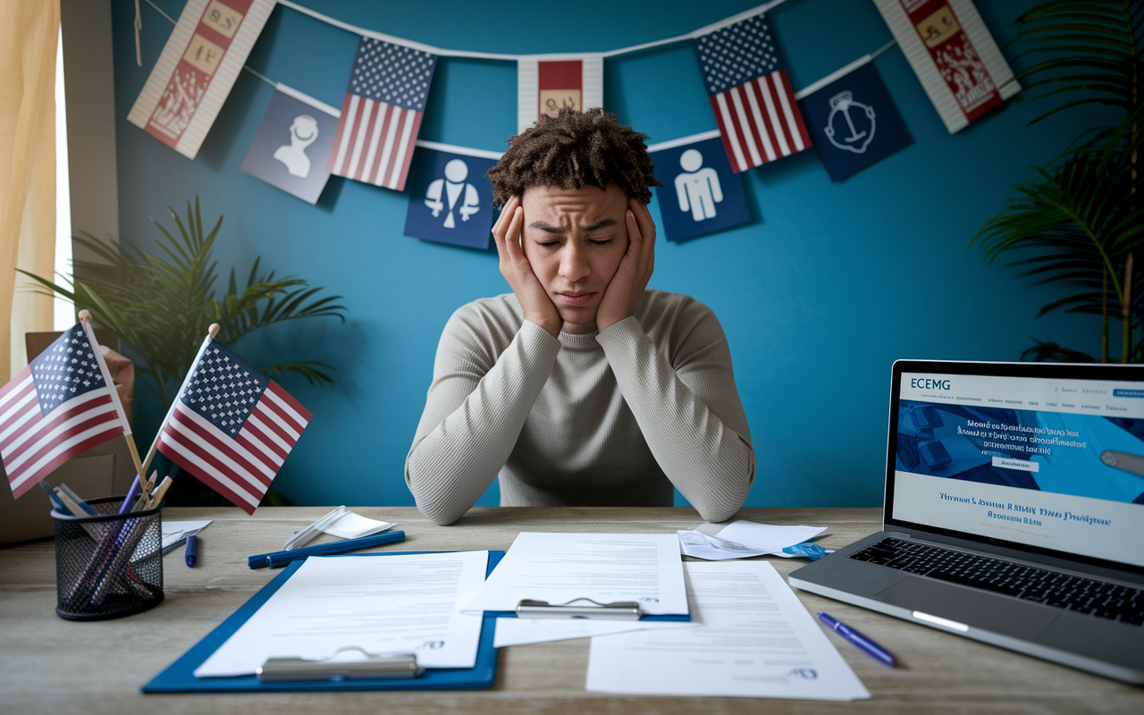 An IMG seated at a cluttered desk with paperwork for a J-1 Visa application surrounding them; the desk is adorned with U.S. flag decorations and icons of medical professions. The individual appears focused, with a laptop open displaying the ECFMG website, casting a warm lighting that contrasts with the stress in their eyes.