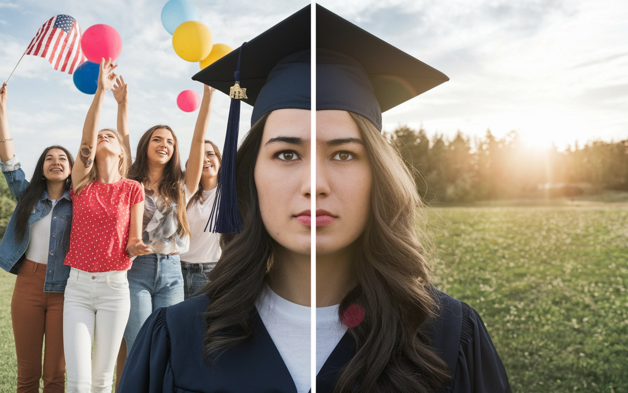 A split-image scene showing two contrasting emotions: on one side, an IMG celebrating their graduation in the U.S., surrounded by friends; on the other side, the same IMG back in their home country looking contemplative and nostalgic, suggesting the home residency requirement. Sunlight shines through on both sides, symbolizing hope and challenges.