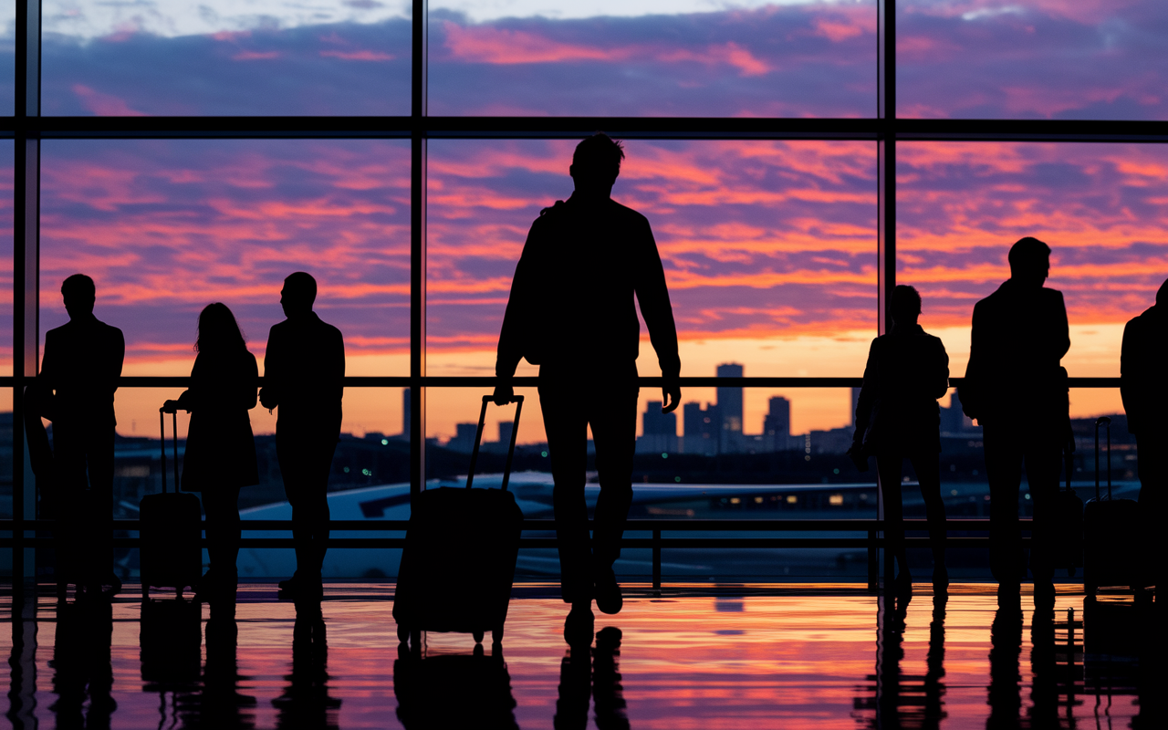 A sunset scene at an airport, where an IMG is seen walking towards a departing flight gate, suitcase in hand, with a hopeful expression as glimpses of the U.S. skyline can be seen in the background. The sky is painted in vibrant hues of orange and purple, symbolizing new beginnings, while silhouettes of fellow travelers bustle around.