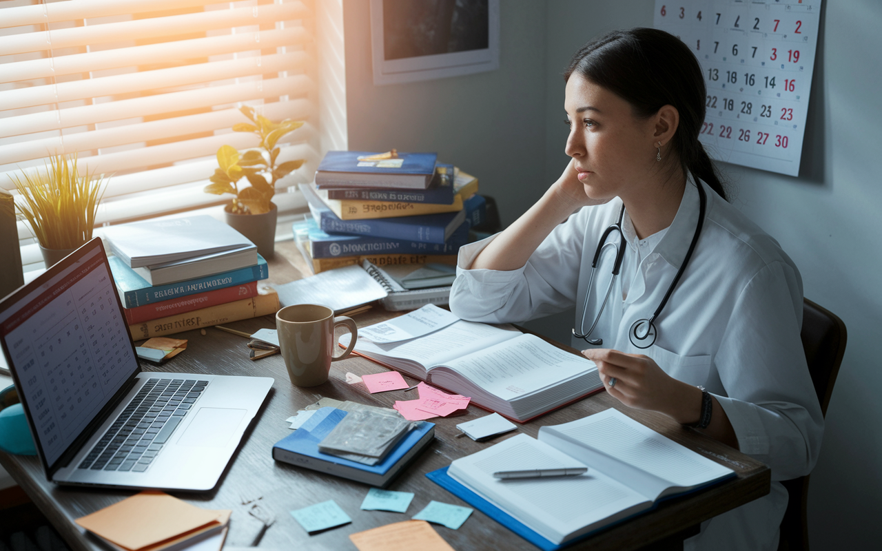 A determined International Medical Graduate (IMG) student seated at a cluttered study desk, surrounded by medical textbooks, flashcards, and a laptop displaying USMLE study materials. Soft sunlight filters through the window, casting a warm glow over the scene, highlighting the student’s focused expression. Scattered notes and coffee mugs reflect the long hours of studying, and a calendar on the wall indicates upcoming exam dates, symbolizing the journey and the challenges ahead.