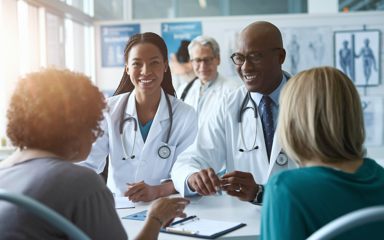 An inspirational scene showing an IMG applicant in a vibrant clinic setting, engaging with patients and interacting with a physician mentor. The atmosphere is warm and collaborative, with medical charts and equipment in the background, reflecting the hands-on approach to medicine. The applicant wears a white coat and looks confident, exuding dedication while shadowing as the physician demonstrates patient care. Sunlight streams through the windows, enhancing the sense of hope and opportunity.