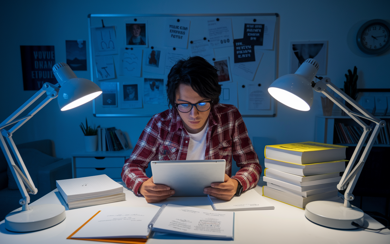 A determined IMG student in a study room illuminated by focused desk lamps at night, surrounded by a whiteboard filled with study notes and diagrams. They are intently reviewing USMLE preparation books and practicing on a digital tablet. The room reflects a sense of dedication and determination, with motivational quotes pinned on the walls and a clock indicating the late hour, symbolizing the hard work and effort being poured into exam preparation.