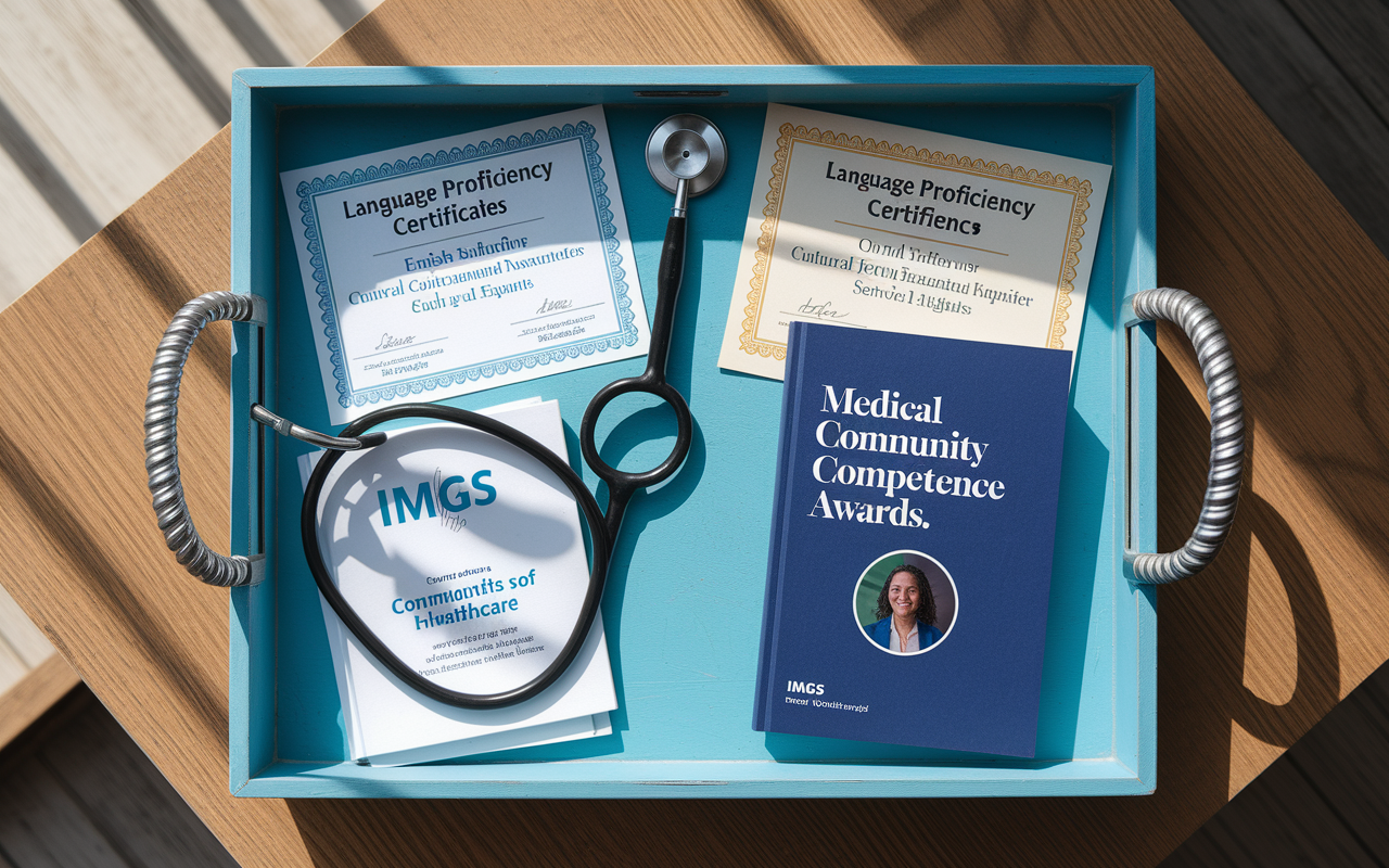 An artistic representation of a healthcare tray, symbolizing the unique attributes of IMGs. Featured items include a stethoscope, language proficiency certificates in English and Spanish, a medical journal on cultural competency, and community service awards. The tray rests on a wooden table, with a warm light casting soft shadows, representing the diversity and richness of experiences that IMGs bring to healthcare. This visual encapsulates the essence of personal stories and cultural connections in medical practice.