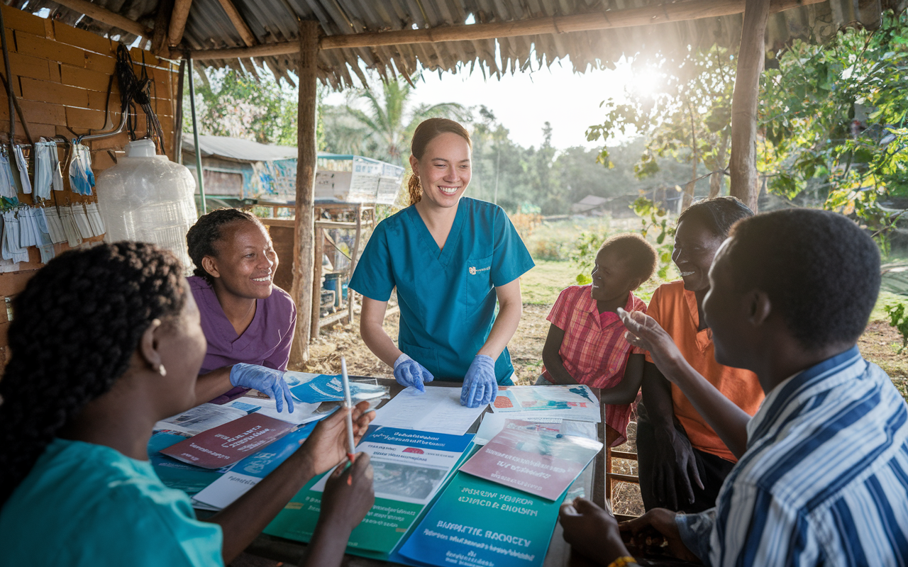 A vibrant scene depicting an IMG volunteer working in a rural clinic during a medical mission. The volunteer, in scrubs, engages warmly with local patients and families, showcasing empathy and cultural sensitivity. Surrounded by a lush landscape, makeshift clinical equipment, and health education pamphlets in the local language, the atmosphere is filled with a sense of community and commitment to addressing healthcare disparities. Sunlight filters through the trees, creating an uplifting and hopeful environment.