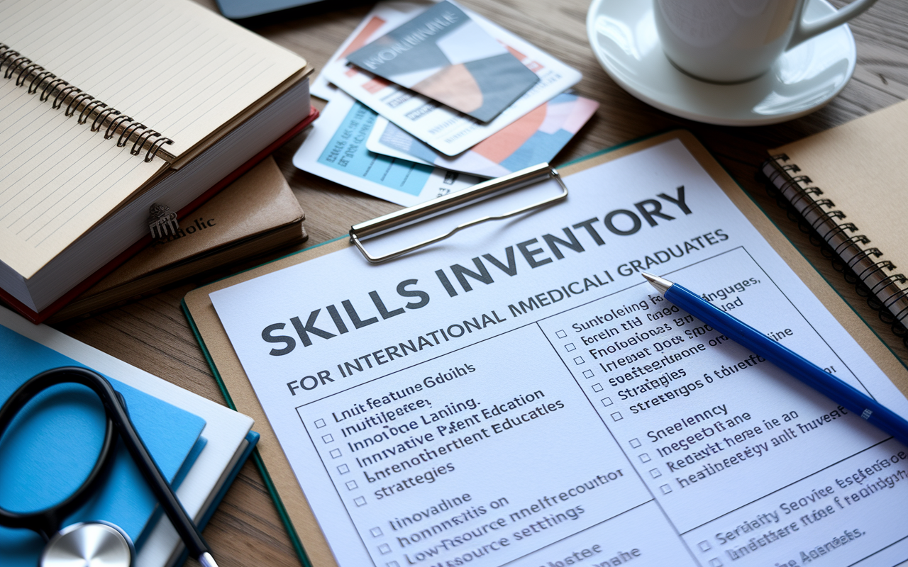 An inspiring workspace filled with a detailed skills inventory chart for international medical graduates. The chart features skills like proficiency in multiple languages, innovative patient education strategies, and experience in low-resource settings. Surrounding the chart are items symbolizing medical training, including textbooks, community service recognition, and healthcare workshop flyers. Soft, focused lighting highlights the important qualities of diversity and adaptability essential in the modern healthcare landscape.