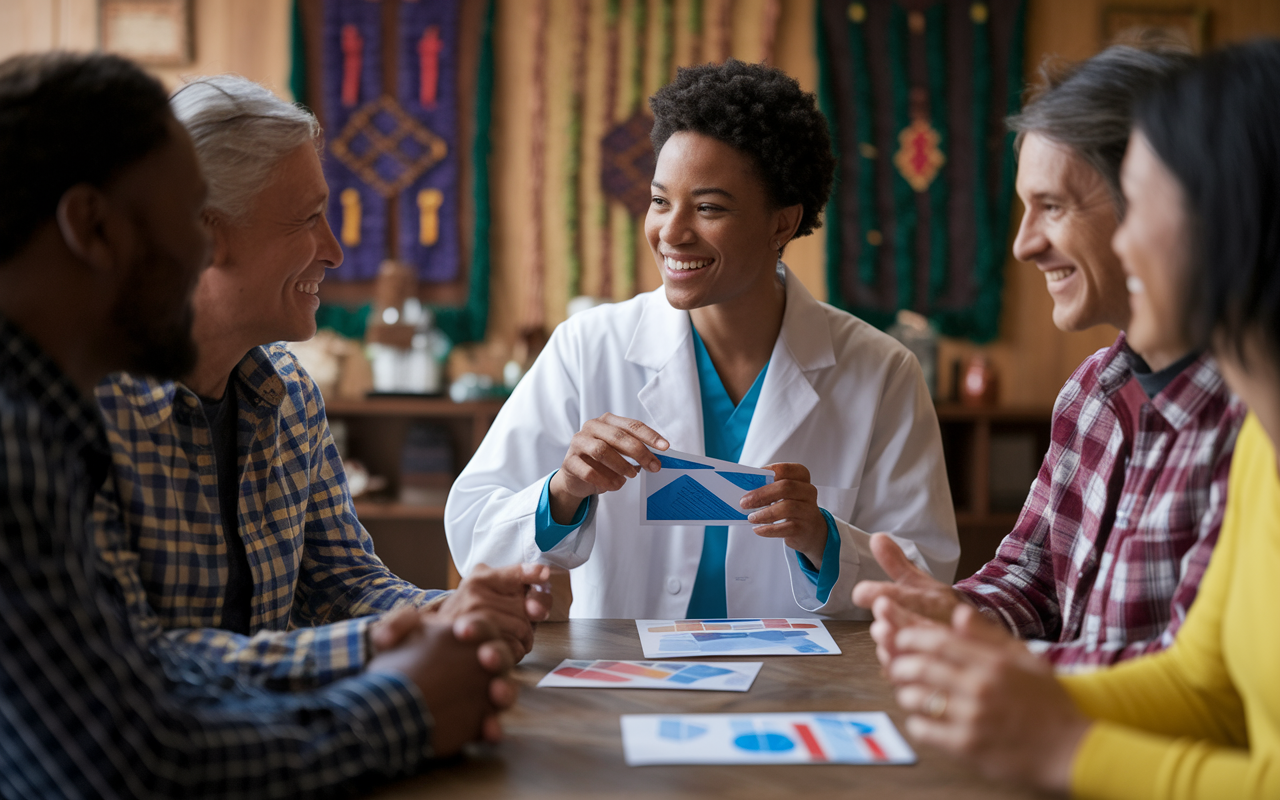 A captivating image of an IMG engaging in a healthcare consultation with a diverse group of patients. The scene features a warm, inviting room where the IMG, dressed in a white coat, uses visual aids to explain health concepts, showcasing cultural competency. The backgrounds include traditional decorations that reflect the patients' cultures, fostering a comfortable interaction. The lighting is soft and welcoming, enhancing the emphasis on empathy and understanding in patient care.