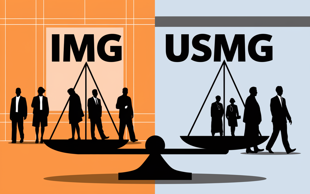 A symbolic depiction of placement bias in medical residency, featuring half a scale balancing the words 'IMG' on one side and 'USMG' on the other, tilted heavily toward USMG. In the background, silhouettes of hopeful international medical graduates wait anxiously outside a residency office, while a group of U.S. medical graduates confidently walk in. The overall imagery highlights the disparity and challenges faced by IMGs.