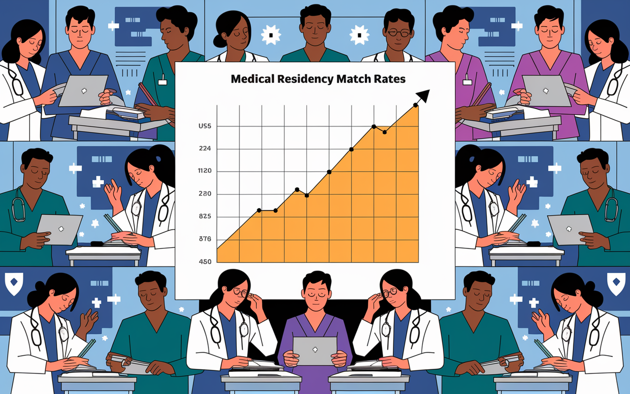 A graph showing medical residency match rates, with a stark contrast between IMGs and USMGs. The graph illustrates IMGs with a line significantly lower than that of USMGs, surrounded by images of anxious students studying and preparing applications. The background depicts a busy hospital environment, capturing the stress and struggle of aspiring IMGs.