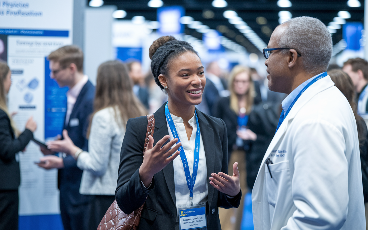 A bustling medical conference scene with an enthusiastic IMG engaging in a conversation with a seasoned U.S. physician. The IMG, wearing professional attire, is confidently expressing her aspirations, while the physician listens attentively, amidst a vibrant backdrop of medical posters and engaged attendees. The atmosphere radiates positivity and opportunity, showcasing the importance of networking.