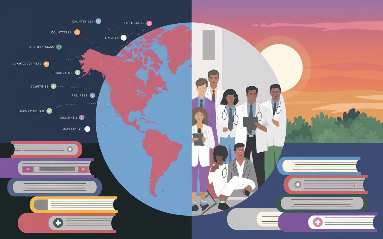 A visual representation of the journey of International Medical Graduates, featuring a split scene with one side showing a globe indicating various countries, and the other side illustrating a medical exam setting, with a diverse group of students preparing for licensing exams. The backdrop features a beautiful sunset providing a hopeful atmosphere, symbolizing the aspirations of IMGs. In the foreground, stacks of medical textbooks and exam prep materials are visible, representing the challenges faced by IMGs.