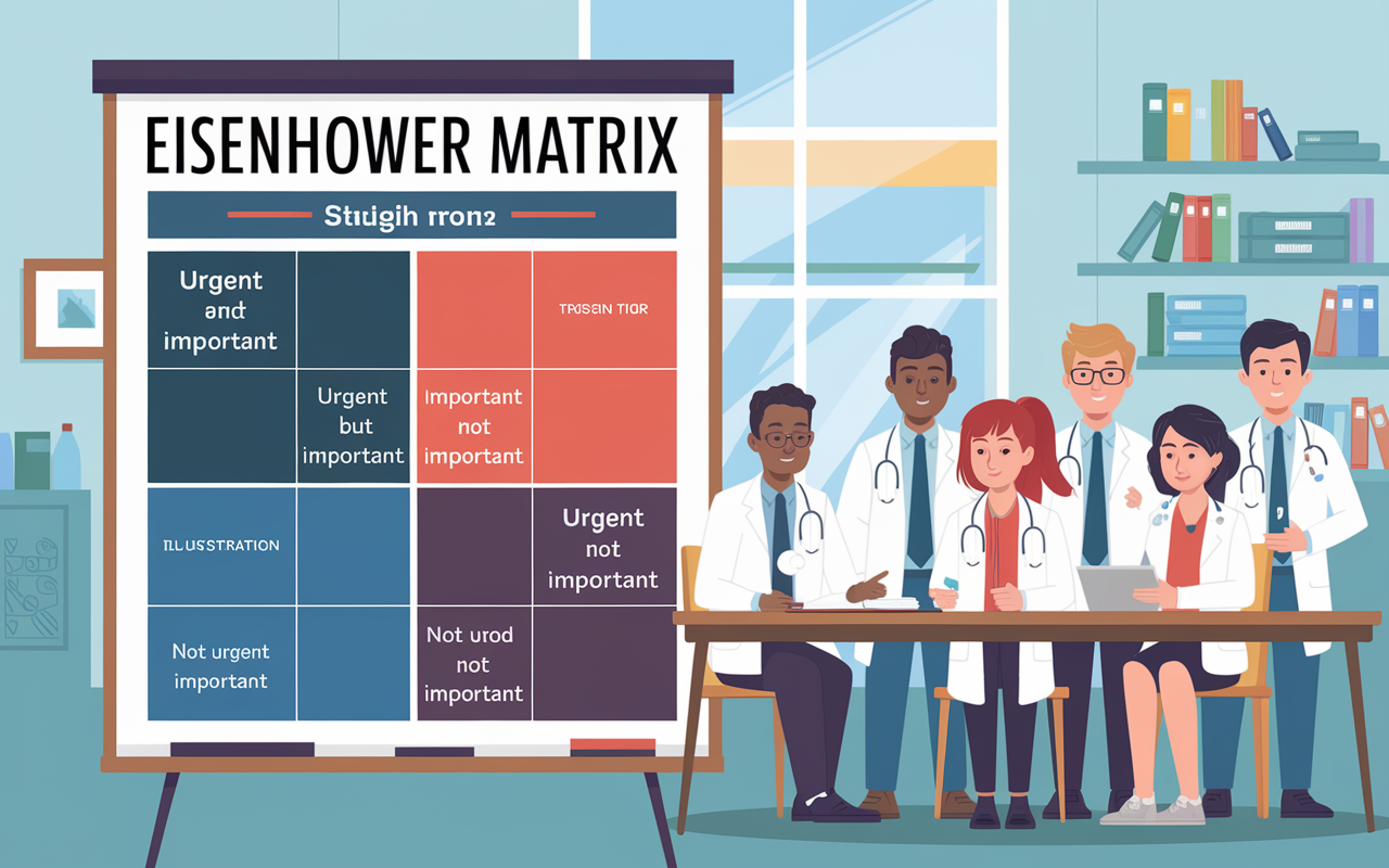 An educational infographic featuring the Eisenhower Matrix, displayed on a whiteboard in a bright study room. The matrix is divided into four quadrants, labeled 'Urgent and Important', 'Important but Not Urgent', 'Urgent but Not Important', and 'Not Urgent and Not Important'. The background shows a group of diverse medical students discussing the categories, suggesting collaboration and teamwork while planning their tasks effectively.