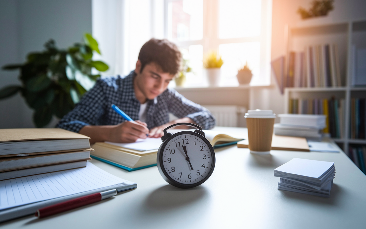 A focused student using the Pomodoro Technique at a study desk, surrounded by books and notes. A timer is set prominently on the desk, showing a countdown. The room is bright and organized, with a plant in the corner providing a sense of calm. The atmosphere is one of concentration, with a cup of coffee and a stack of flashcards nearby. Warm light streaming through the window emphasizes a productive learning environment.