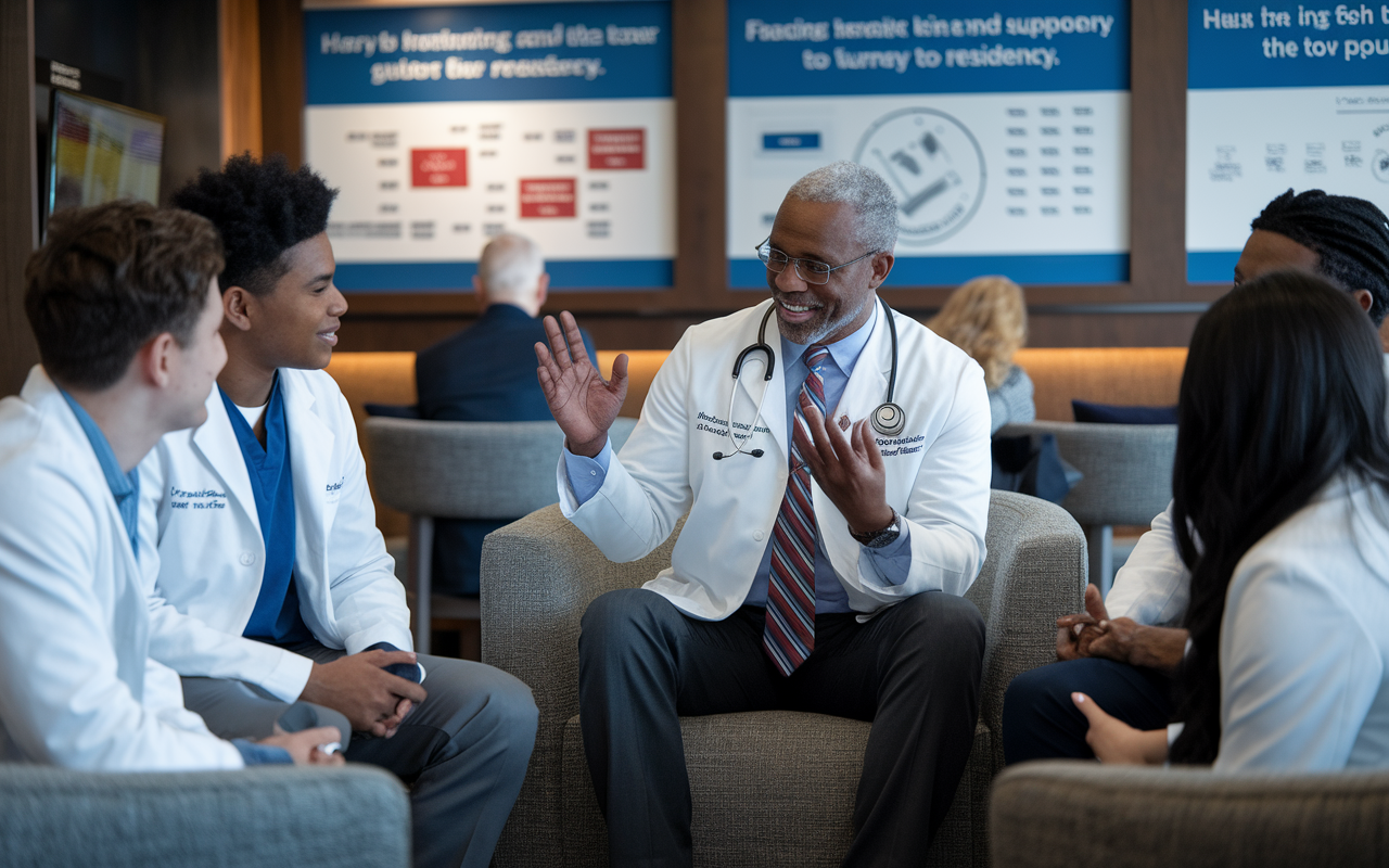 A mentoring session taking place in a cozy study lounge, with a seasoned doctor giving advice to a group of international medical graduates. The atmosphere is friendly and engaging, with charts and inspirational quotes on the walls. The mentor, an older gentleman, gestures passionately while the students listen attentively, symbolizing guidance and support in their journey to residency.