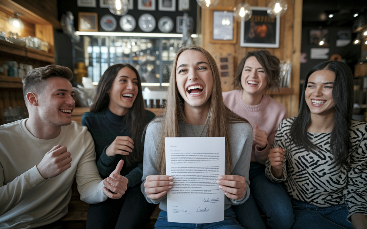 An ecstatic young woman, Sarah, celebrating with her friends in a cozy coffee shop after receiving residency acceptance. She is holding a letter of acceptance with bright smiles on her friends' faces surrounding her. The walls are decorated with medical memorabilia and laughter fills the air, capturing the joy and accomplishment of her hard work and effective time management strategies.