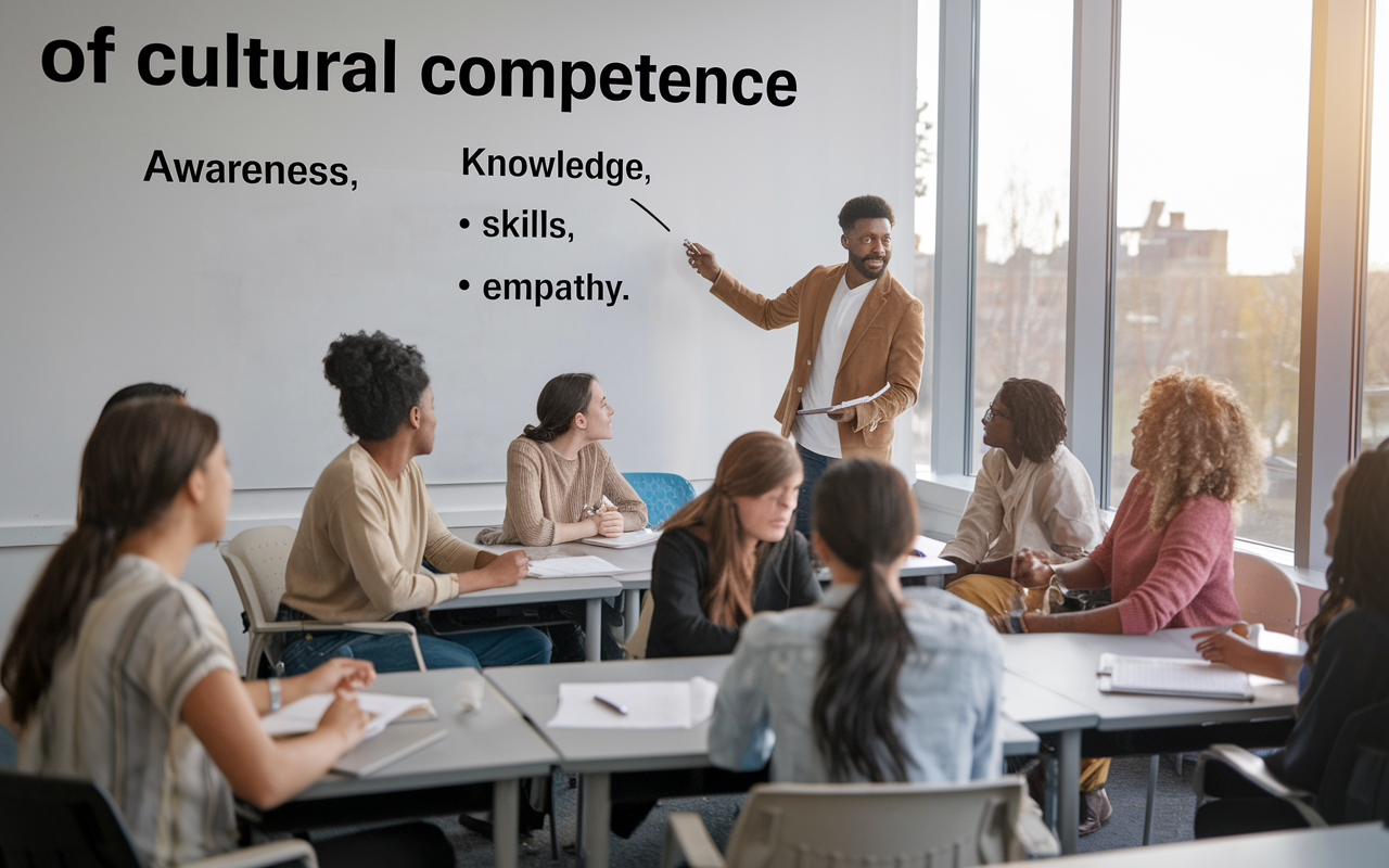 A visual representation of the components of cultural competence displayed on a whiteboard. The scene shows a charismatic instructor pointing to bullet points labeled 'Awareness,' 'Knowledge,' 'Skills,' and 'Empathy.' Around the board, engaged students of various ethnicities take notes and discuss among themselves. The classroom is equipped with modern technology, and natural light filters through large windows, creating a welcoming learning environment.