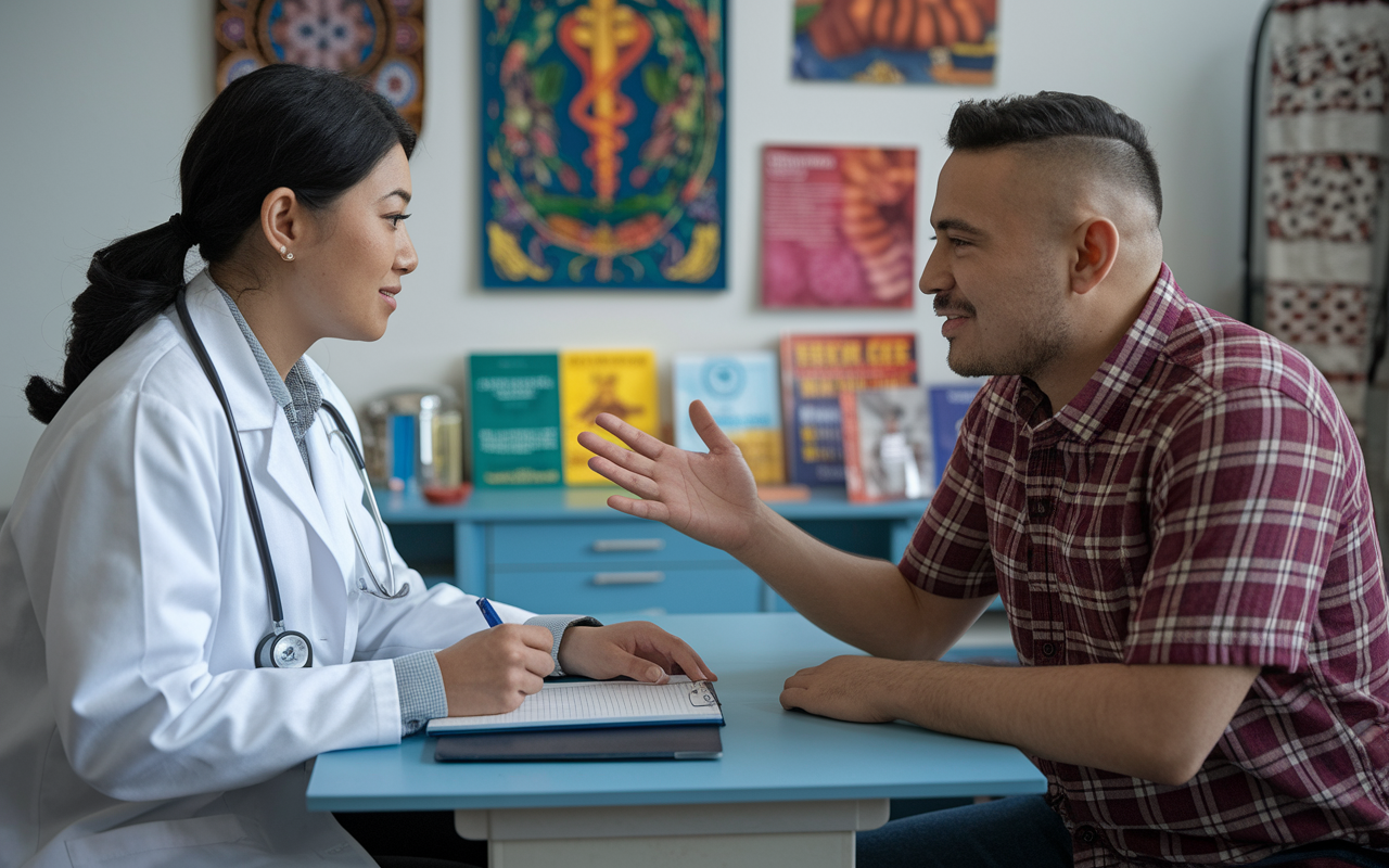 A doctor and a patient in a consultation room, showcasing cultural competence in action. The doctor, a South Asian female in a white coat, is attentively listening to her Hispanic male patient, who is sharing his health concerns. The room is filled with cultural artifacts, such as traditional art and educational materials in multiple languages. There is a sense of trust and openness as the patient gestures animatedly, and the doctor makes notes, demonstrating empathy and engagement.