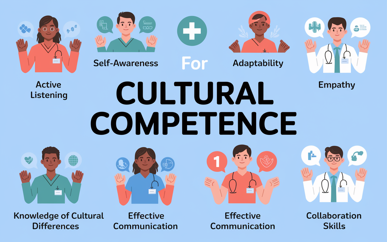 A vibrant graphic illustrating key skills for developing cultural competence: Active Listening, Self-Awareness, Adaptability, Empathy, Knowledge of Cultural Differences, Effective Communication, and Collaboration Skills. Each skill is visually represented with icons and brief descriptions in a colorful and engaging infographic style, emphasizing their importance in the medical field.