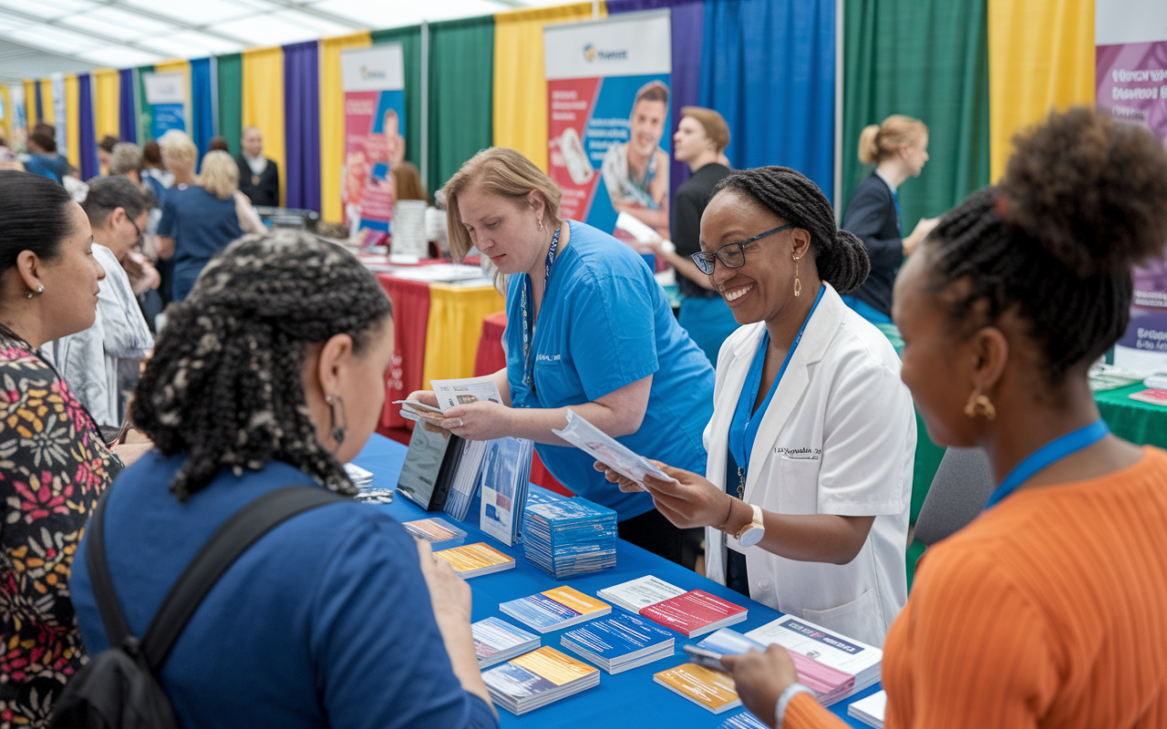 An engaging scene at a community health fair where IMGs interact with diverse community members. The setting is colorful with booths displaying health information in various languages. Medical professionals are distributing pamphlets and engaging in conversations with attendees from different cultural backgrounds, showcasing a commitment to cultural competence through community engagement and service.